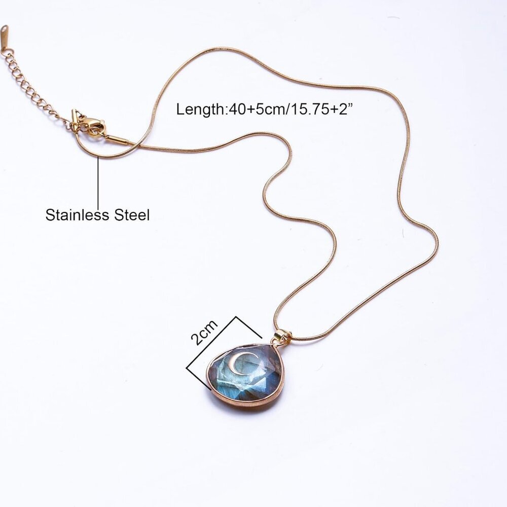Gold Labradorite Crescent Moon Water Drop Pendant Necklace, Spiritual Jewelry - Picture 2 of 7
